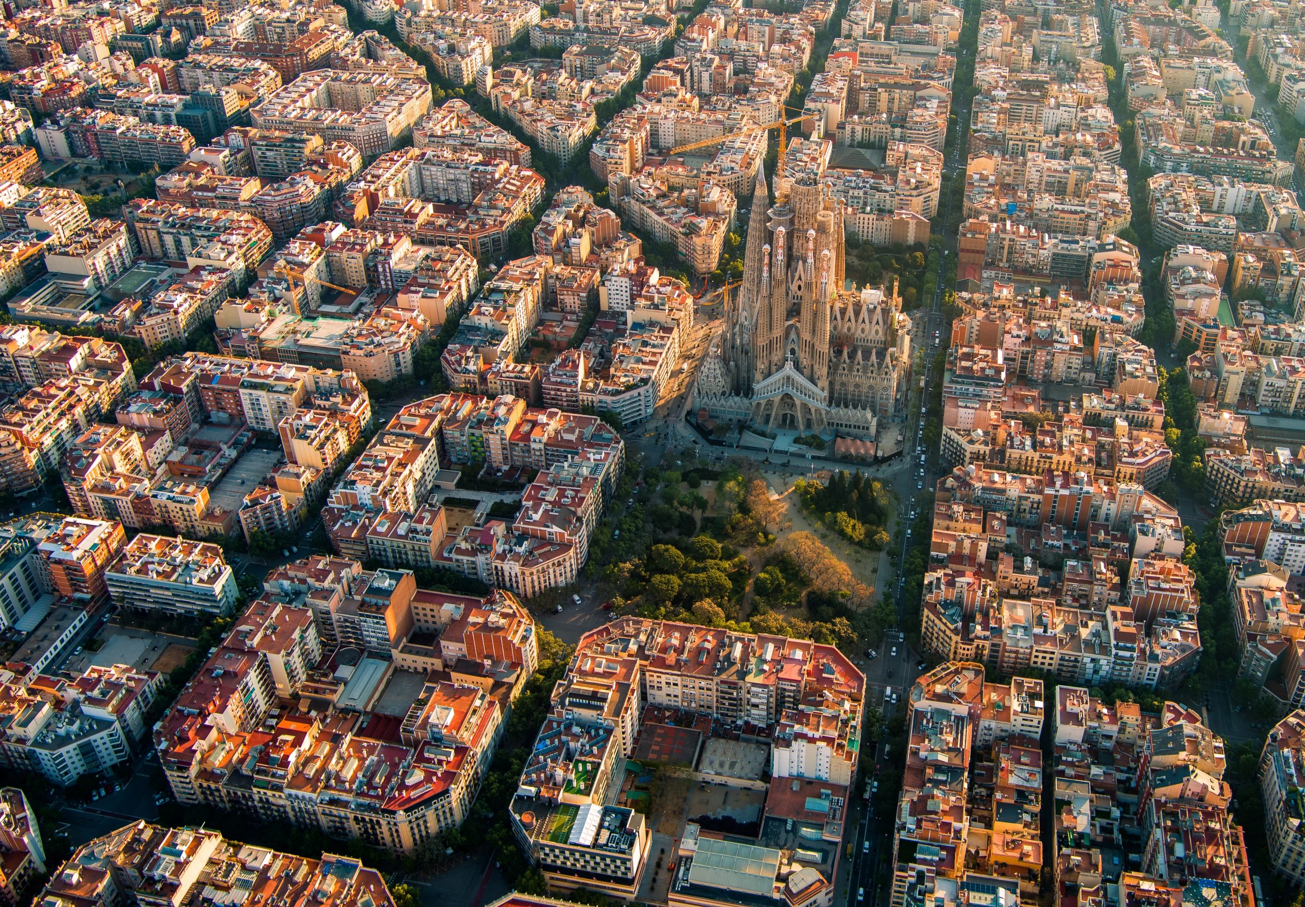 Aerial,View,Of,Barcelona,Eixample,Residential,District,And,Sagrada,Familia
